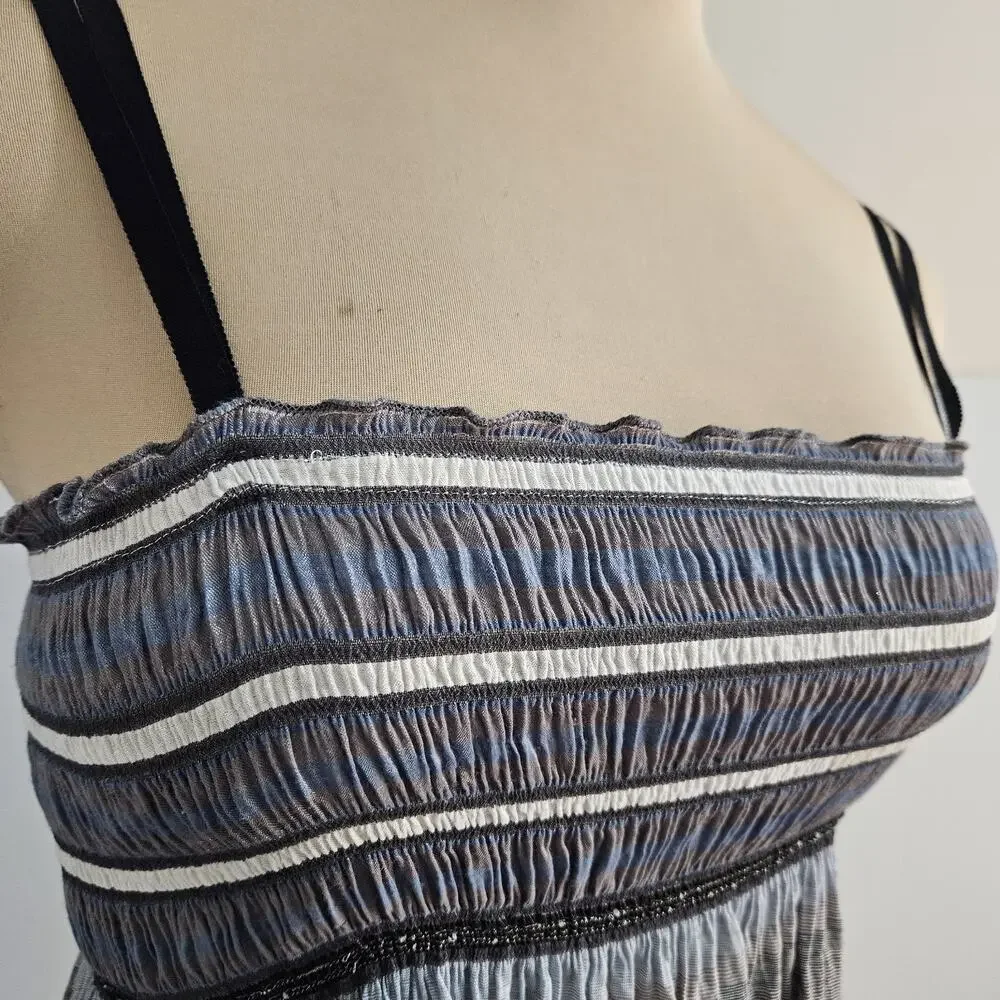 Max Studio Dress Womens Small Striped Boho Smocked Midi Black Gray Beach Coastal